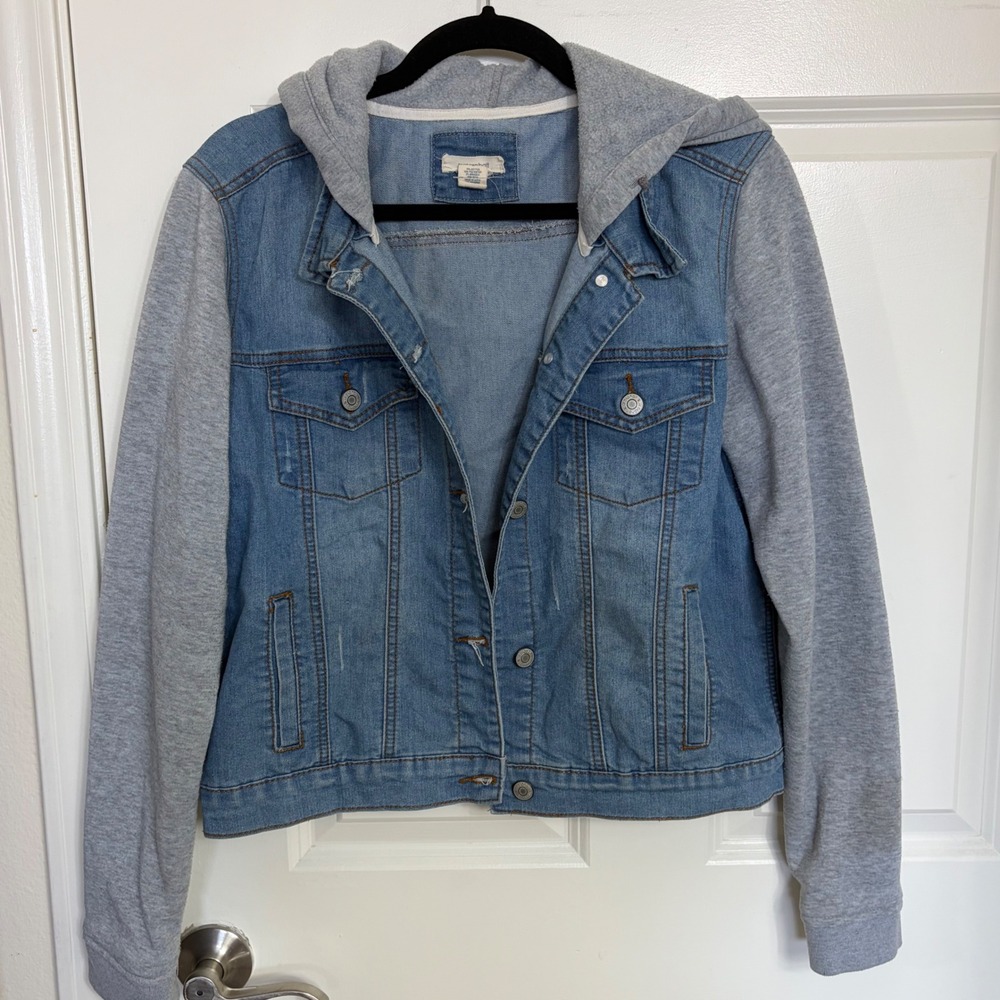 Blue Asphalt Denim Jacket Gray Hooded Sleeves Mixed Media Trucker Large L